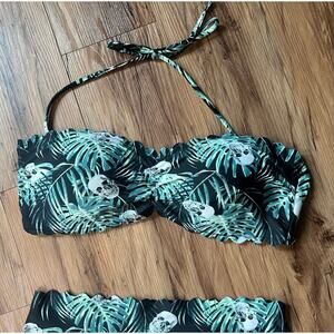 Black Green Tropical Midnight Hour Bikini Top with Skulls Size XL